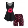 Ensemble de Pyjama Short à Imprimé Cœur et Lèvre de Grande Taille - Noir 4X