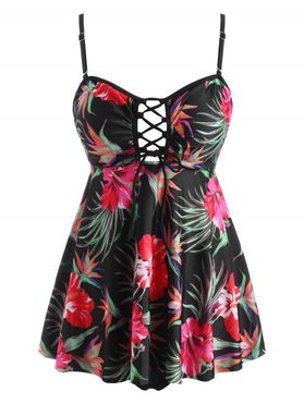 Lace Up Open Back Floral Leaves Tankini Swimwear