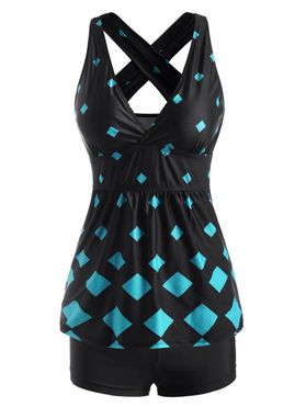 Criss Cross Back Rhombus Print Skirted Tankini Swimwear