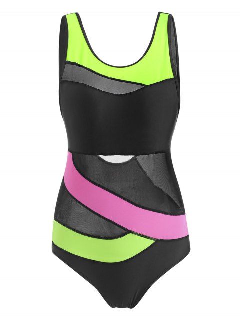 Mesh Panel Stitching Colorblock One-piece Swimsuit