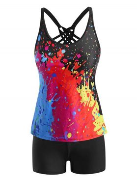 Lattice Strappy Back Paint Splatter Tankini Swimwear