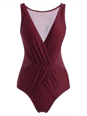 Ruched Surplice Mesh Panel One-piece Swimsuit