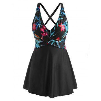 

Criss Cross Tie Back Floral Leaves Tankini Swimwear, Multicolor