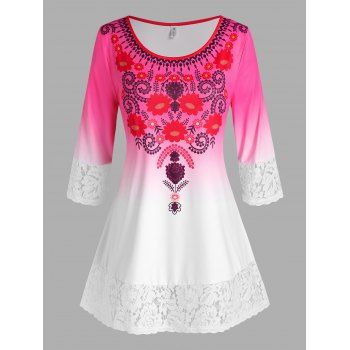 

Plus Size Floral Print Ombre Color Lace Trim Tee, Multicolor