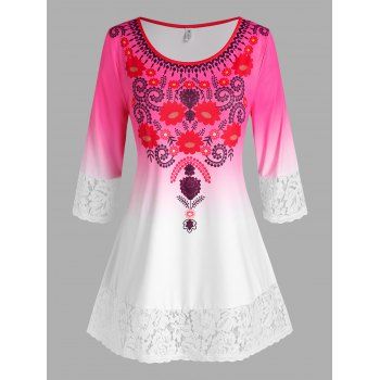 Plus Size Floral Print Ombre Color Lace Trim Tee