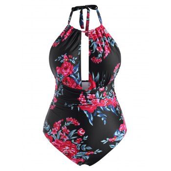 

Plus Size Floral Print Open Back One-piece Swimwear, Black