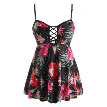 

Lace Up Open Back Floral Leaves Tankini Swimwear, Multicolor