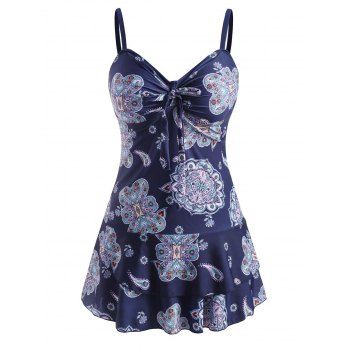 

Layered Ruched Tie Bohemian Printed Tankini Swimwear, Deep blue