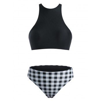 

Plaid Print Padded Bikini Set, Black