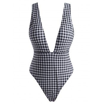 

Plaid Print Backless Padded One-piece Swimwear, Black