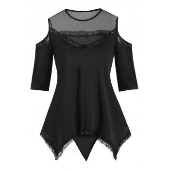 

Lace and Mesh Cold Shoulder Pajama Top Set, Black