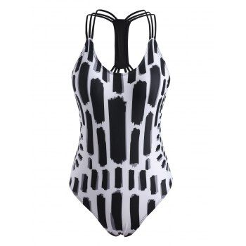 

Abstract Print Strappy Backless One-piece Swimsuit, Black