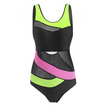 

Mesh Panel Stitching Colorblock One-piece Swimsuit, Multicolor