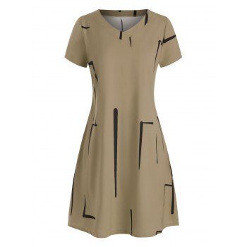 

V Neck Printed Casual Mini Dress, Coffee
