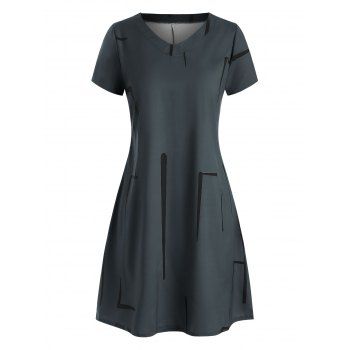 

V Neck Printed Casual Mini Dress, Black