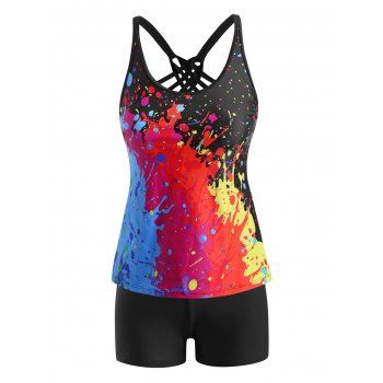

Lattice Strappy Back Paint Splatter Tankini Swimwear, Multicolor