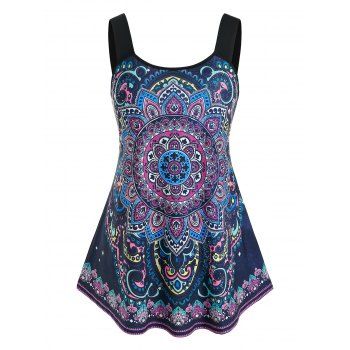 

Plus Size Ethnic Print Swing Tank Top, Black