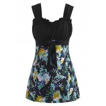 

Leaf Print Ruched Bust Ruffle Bowknot Tankini Swimwear, Multicolor