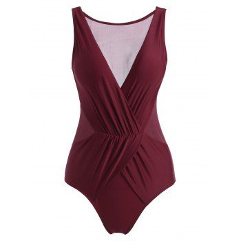 

Ruched Surplice Mesh Panel One-piece Swimsuit, Deep red