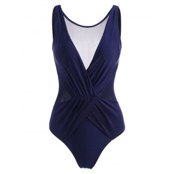 

Ruched Surplice Mesh Panel One-piece Swimsuit, Deep blue