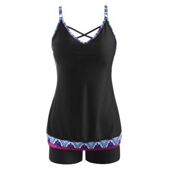 

Criss Cross Lattice Back Ethnic Printed Tankini Swimwear, Black