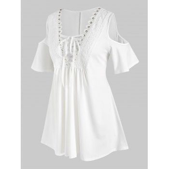 

Plus Size Cold Shoulder Lace Up Blouse, White