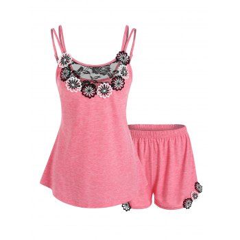 

Flower Lace Insert Heathered Sleepwear Set, Pink