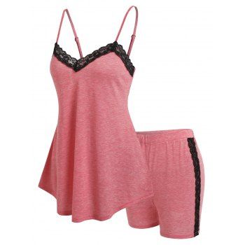 

Lace Insert Cami Top and Shorts Lounge Set, Light pink