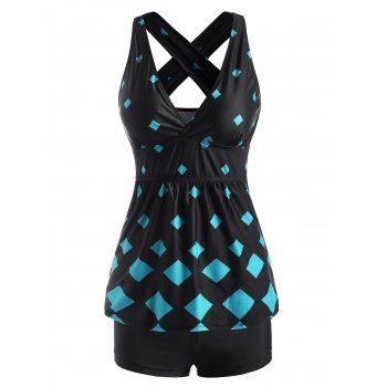 

Modest Tankini Swimwear Geometric Bathing Suit Diamond Print Plunging Neck Crisscross Beach Swimsuit, Light blue