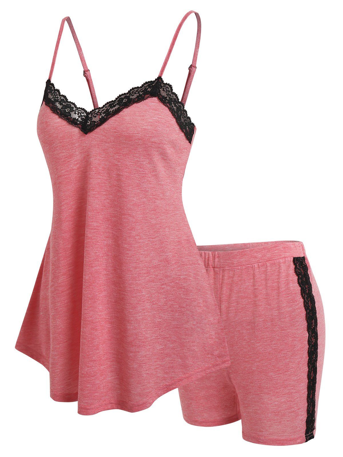 Lace Insert Cami Top and Shorts Lounge Set - LIGHT PINK M
