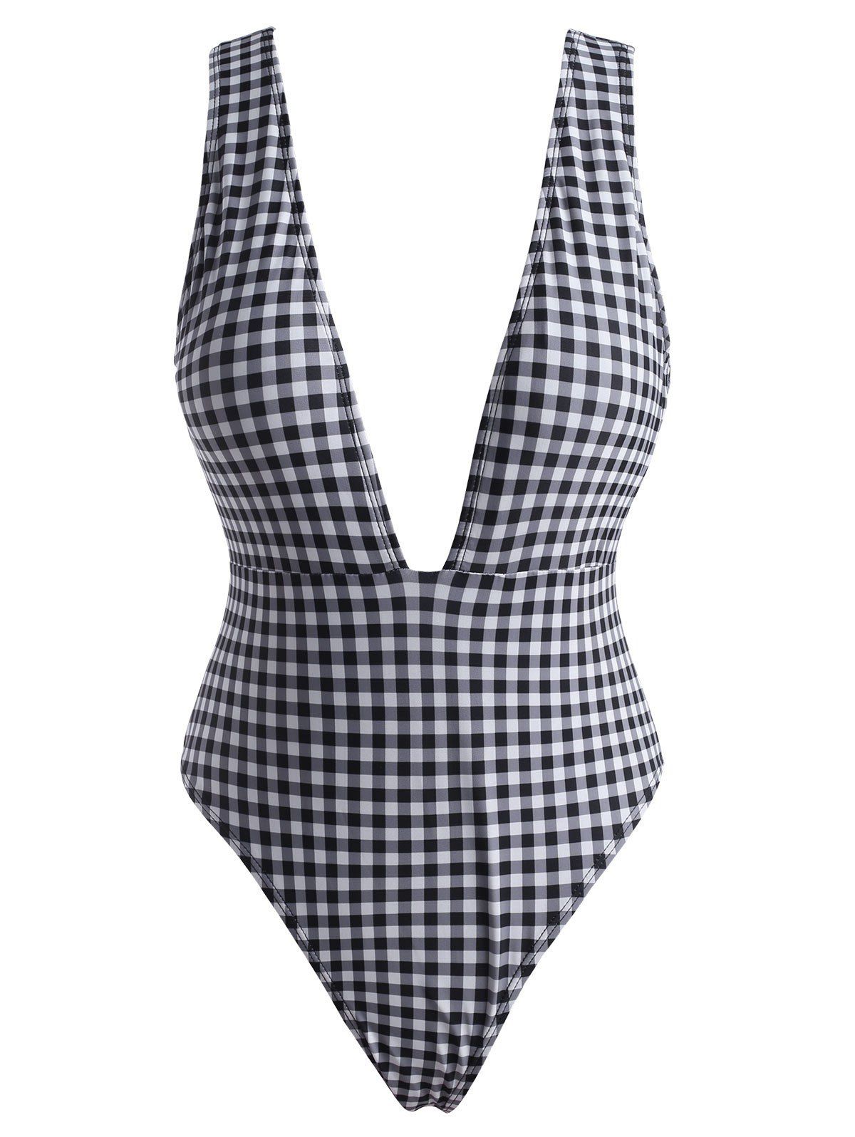 Plaid Print Backless Padded One-piece Swimwear - BLACK XL