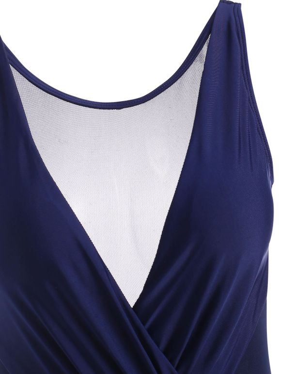 Maillot de Bain Superposé Panneau en Maille à Volants Une-Pièce - Bleu profond S