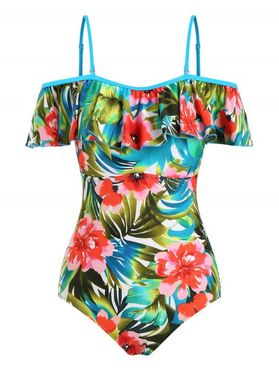 Tropical Print Flounce Overlay Cold Shoulder One-piece Swimsuit