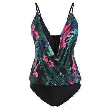 

Tropical Print Mesh Insert Blouson One-piece Swimsuit, Multicolor