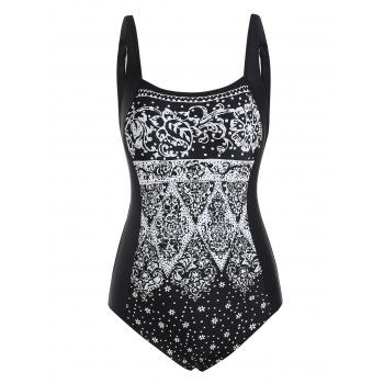 

Flower Print Square Neck Open Back One-piece Swimsuit, Black