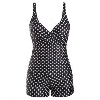 Women Polka Dot Cross Boyshorts Plunging Pocket Tankini Swimwear Swimsuit M Black