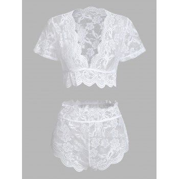 

Floral Lace Scalloped Trim Lingerie Set, White