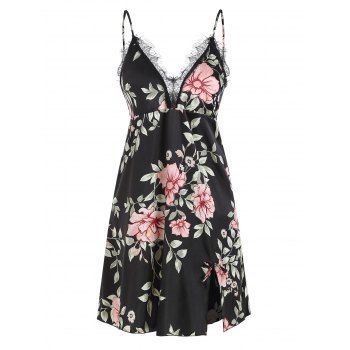 

Floral Lace Trim Silky-satin Slip Dress, Black