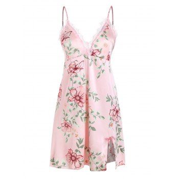 

Floral Lace Trim Silky-satin Slip Dress, Light pink
