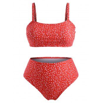 

Plus Size Ditsy Print High Rise Tank Bikini Swimwear, Red