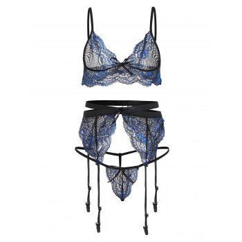 

Floral Lace Bowknot Bra and Garter Set, Deep blue