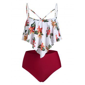 

Floral Print Criss Cross Ruffle Overlay Tankini Swimsuit, Deep red