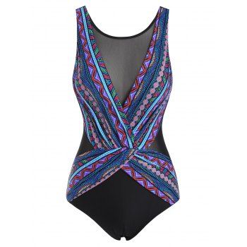 

Ethnic Colorful Geometric Mesh Insert Surplice One-piece Swimsuit, Multicolor