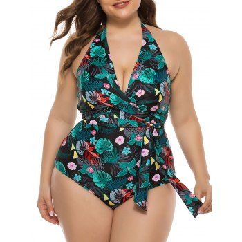 

Floral Palm Leaves Tied Waist Plus Size One-piece Swimsuit, Multicolor