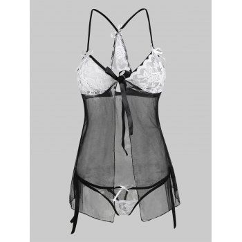 

Lace and Mesh Flyaway Tie Side Babydoll Set, Black