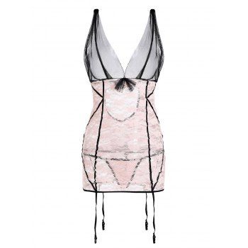 

Lace and Mesh Bow Garter Chemise Set, Light orange