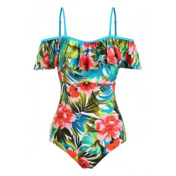 

Tropical Print Flounce Overlay Cold Shoulder One-piece Swimsuit, Multicolor