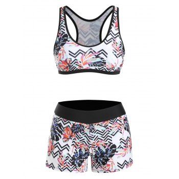 

Zigzag Flower Racerback Boyshorts Piping Bikini Swimwear, Multicolor