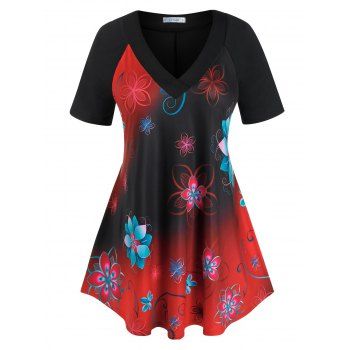 

Plus Size Raglan Sleeve Floral Print Tee, Red