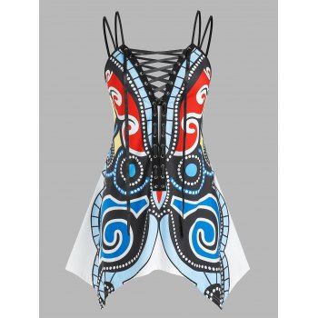 

Plus Size Lace Up Butterfly Printed Handkerchief Tank Top, Multicolor